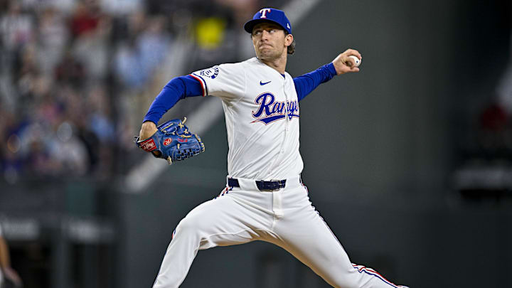 Jul 6, 2024; Arlington, Texas, USA; Texas Rangers relief pitcher Jacob Latz (67) in action during the game between the Texas Rangers and the Tampa Bay Rays at Globe Life Field.