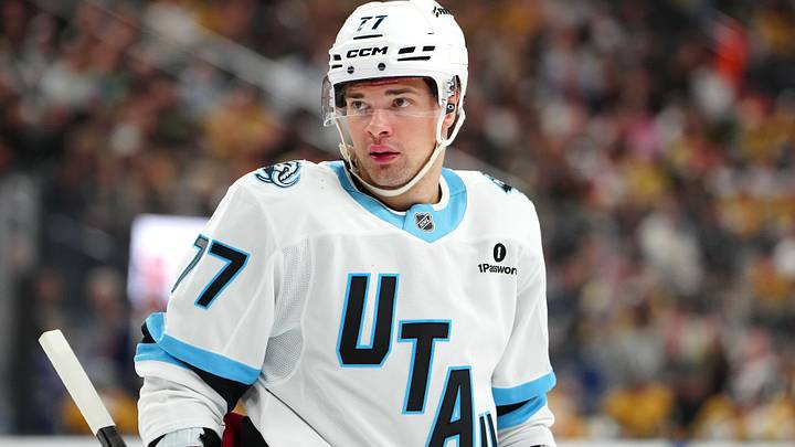 Apr 19, 2026; Las Vegas, Nevada, USA; Utah Mammoth right wing JJ Peterka (77) awaits a face off against the Vegas Golden Knights during the second period of game one of the first round of the 2026 Stanley Cup Playoffs at T-Mobile Arena. Mandatory Credit: Stephen R. Sylvanie-Imagn Images