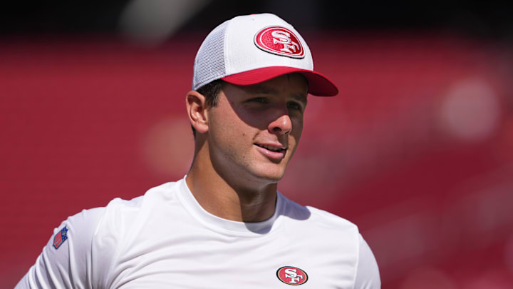 Oct 6, 2024; Santa Clara, California, USA; San Francisco 49ers quarterback Brock Purdy (13) before the game against the Arizona Cardinals at Levi's Stadium. Mandatory Credit: Darren Yamashita-Imagn Images