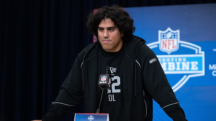 Feb 28, 2026; Indianapolis, IN, USA; Utah offensive lineman Spencer Fano (OL22) speaks to members of the media during the NFL Combine at the Indiana Convention Center. Mandatory Credit: Jacob Musselman-Imagn Images