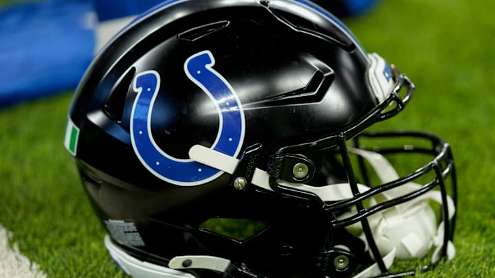A black Indianapolis Colts helmet sits on the turf Sunday, Nov. 24, 2024, during a game against the Detroit Lions at Lucas Oil Stadium in Indianapolis. A black Indianapolis Colts helmet sits on the turf Sunday, Nov. 24, 2024, during a game against the Detroit Lions at Lucas Oil Stadium in Indianapolis.