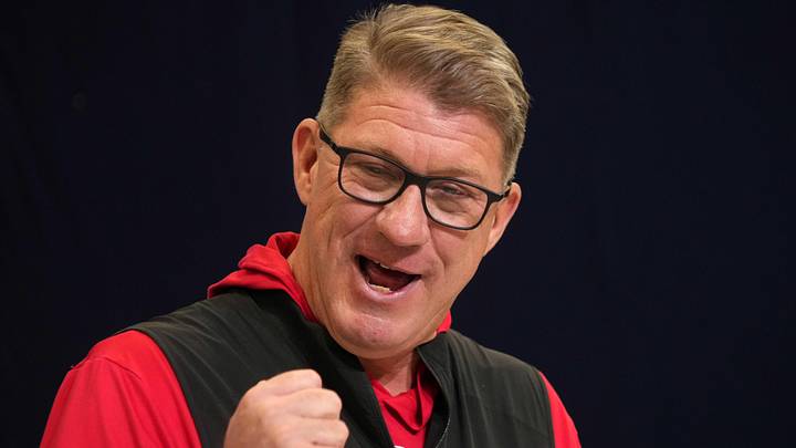 Feb 25, 2025; Indianapolis, IN, USA; Tampa Bay Buccaneers general manager Jason Licht speaks during the NFL Scouting Combine at the Indiana Convention Center. Mandatory Credit: Kirby Lee-Imagn Images