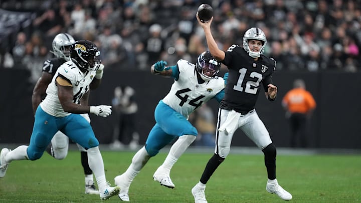 Dec 22, 2024; Paradise, Nevada, USA; Las Vegas Raiders quarterback Aidan O'Connell (12) throws the ball against Jacksonville Jaguars defensive end Travon Walker (44) and defensive end Josh Hines-Allen (41) in the first half at Allegiant Stadium. Mandatory Credit: Kirby Lee-Imagn Images Dec 22, 2024; Paradise, Nevada, USA; Las Vegas Raiders quarterback Aidan O'Connell (12) throws the ball against Jacksonville Jaguars defensive end Travon Walker (44) and defensive end Josh Hines-Allen (41) in the first half at Allegiant Stadium. Mandatory Credit: Kirby Lee-Imagn Images