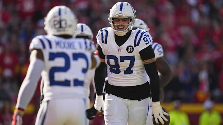 Nov 23, 2025; Kansas City, Missouri, USA; Indianapolis Colts defensive end Laiatu Latu (97) celebrates after an interception against the Kansas City Chiefs in the first quarter at GEHA Field at Arrowhead Stadium. Mandatory Credit: Jay Biggerstaff-Imagn Images