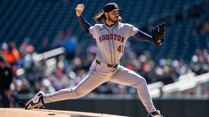 Apr 5, 2025; Minneapolis, Minnesota, USA; Houston Astros starting pitcher Spencer Arrighetti (41) delivers a pitch during the first inning against the Minnesota Twins at Target Field. 