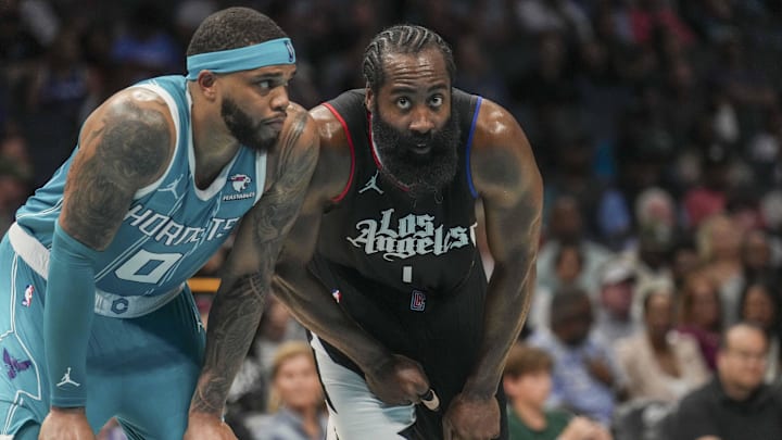 Mar 31, 2024; Charlotte, North Carolina, USA; Charlotte Hornets forward Miles Bridges (0) and LA Clippers guard James Harden (1) at the foul line during the second half at Spectrum Center. Mandatory Credit: Jim Dedmon-Imagn Images Mar 31, 2024; Charlotte, North Carolina, USA; Charlotte Hornets forward Miles Bridges (0) and LA Clippers guard James Harden (1) at the foul line during the second half at Spectrum Center. Mandatory Credit: Jim Dedmon-Imagn Images