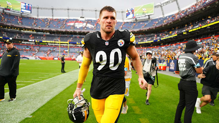 Sep 15, 2024; Denver, Colorado, USA; Pittsburgh Steelers linebacker T.J. Watt (90) following the win over the Denver Broncos at Empower Field at Mile High. Mandatory Credit: Ron Chenoy-Imagn Images Sep 15, 2024; Denver, Colorado, USA; Pittsburgh Steelers linebacker T.J. Watt (90) following the win over the Denver Broncos at Empower Field at Mile High. Mandatory Credit: Ron Chenoy-Imagn Images