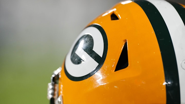 Nov 28, 2024; Green Bay, Wisconsin, USA;  General view of a Green Bay Packers helmet during the game against the Miami Dolphins at Lambeau Field. Mandatory Credit: Jeff Hanisch-Imagn Images