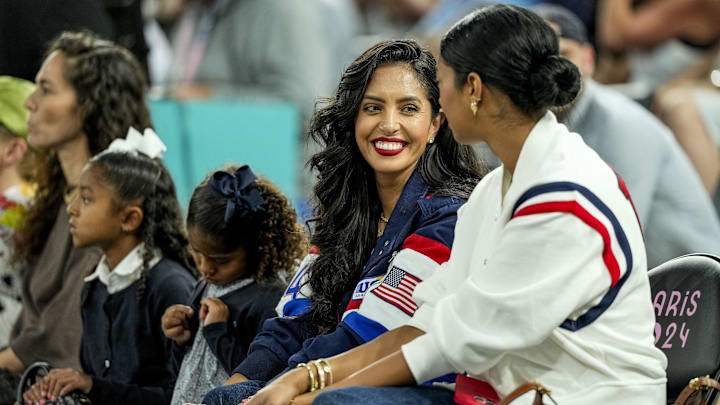 Vanessa Bryant and her family watch a women's basketball semifinal game during the Paris 2024 Olympic Summer Games at Accor Arena.