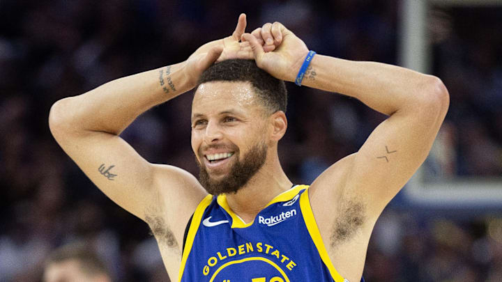 Feb 25, 2024; San Francisco, California, USA; Golden State Warriors guard Stephen Curry (30) reacts to a foul call against his team during the third quarter against the Denver Nuggets at Chase Center. Mandatory Credit: D. Ross Cameron-USA TODAY Sports Feb 25, 2024; San Francisco, California, USA; Golden State Warriors guard Stephen Curry (30) reacts to a foul call against his team during the third quarter against the Denver Nuggets at Chase Center. Mandatory Credit: D. Ross Cameron-USA TODAY Sports