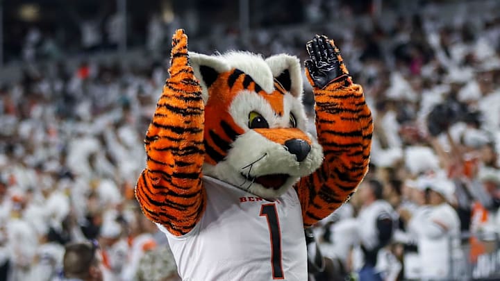 Sep 29, 2022; Cincinnati, Ohio, USA; The Cincinnati Bengals mascot, Who Dey, reacts after a touchdown scored against the Miami Dolphins in the first half at Paycor Stadium. Mandatory Credit: Katie Stratman-Imagn Images Sep 29, 2022; Cincinnati, Ohio, USA; The Cincinnati Bengals mascot, Who Dey, reacts after a touchdown scored against the Miami Dolphins in the first half at Paycor Stadium. Mandatory Credit: Katie Stratman-Imagn Images