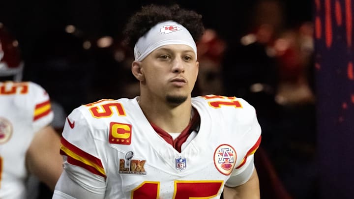 Feb 9, 2025; New Orleans, LA, USA;  Kansas City Chiefs quarterback Patrick Mahomes (15) against the Philadelphia Eagles in Super Bowl LIX at Ceasars Superdome. Mandatory Credit: Mark J. Rebilas-Imagn Images