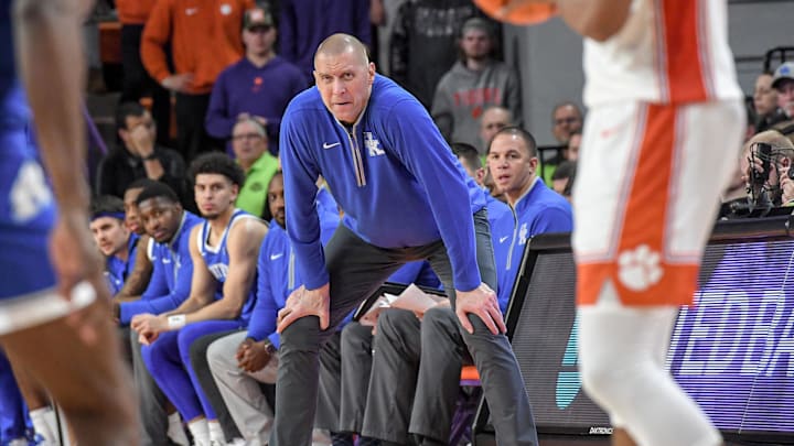 Dec 3, 2024; Clemson, South Carolina, USA; Kentucky Head Coach Mark Pope watches Clemson run their offense with his defense during the second half at Littlejohn Coliseum.   Mandatory Credit: Ken Ruinard/USA TODAY Network via Imagn Images