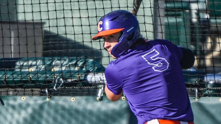 Clemson junior Andrew Ciufo (5) bats during practice at Doug Kingsmore Stadium in Clemson, S.C.