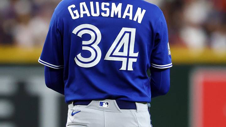 Apr 19, 2026; Phoenix, Arizona, USA; Detailed view of the jersey of Toronto Blue Jays pitcher Kevin Gausman (34) against the Arizona Diamondbacks at Chase Field. Apr 19, 2026; Phoenix, Arizona, USA; Detailed view of the jersey of Toronto Blue Jays pitcher Kevin Gausman (34) against the Arizona Diamondbacks at Chase Field.