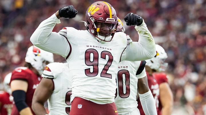 Washington Commanders defensive end Dorance Armstrong celebrates after sacking Arizona Cardinals quarterback Kyler Murray. Washington Commanders defensive end Dorance Armstrong celebrates after sacking Arizona Cardinals quarterback Kyler Murray.
