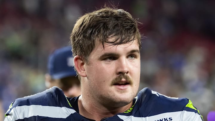 Seattle Seahawks guard Grey Zabel on the sidelines