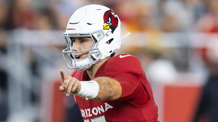 Aug 9, 2025; Glendale, Arizona, USA; Arizona Cardinals quarterback Clayton Tune (15) against the Kansas City Chiefs during a preseason NFL game at State Farm Stadium. Mandatory Credit: Mark J. Rebilas-Imagn Images