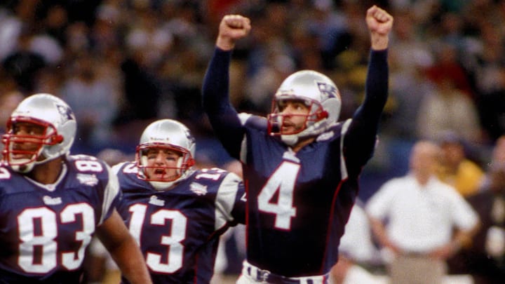 Feb 3, 2002; New Orleans, LA, USA; FILE PHOTO; New England Patriots kicker (4) ADAM VINATIERI celebrates after kicking a 48 yard field goal as time expired to win Super Bowl XXXVI against the St. Louis Rams at the Superdome 20-17. Mandatory Credit: Tony Tomsic-USA TODAY NETWORK