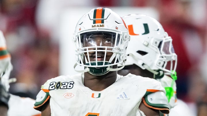 Jan 19, 2026; Miami Gardens, FL, USA; Miami Hurricanes defensive lineman Rueben Bain Jr. (4) against the Indiana Hoosiers during the College Football Playoff National Championship game at Hard Rock Stadium. Mandatory Credit: Mark J. Rebilas-Imagn Images