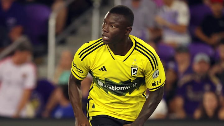 May 25, 2024; Orlando, Florida, USA; Columbus Crew forward Marino Hinestroza (11) runs against the Orlando City during the second half at Inter&Co Stadium. Mandatory Credit: Kim Klement Neitzel-Imagn Images