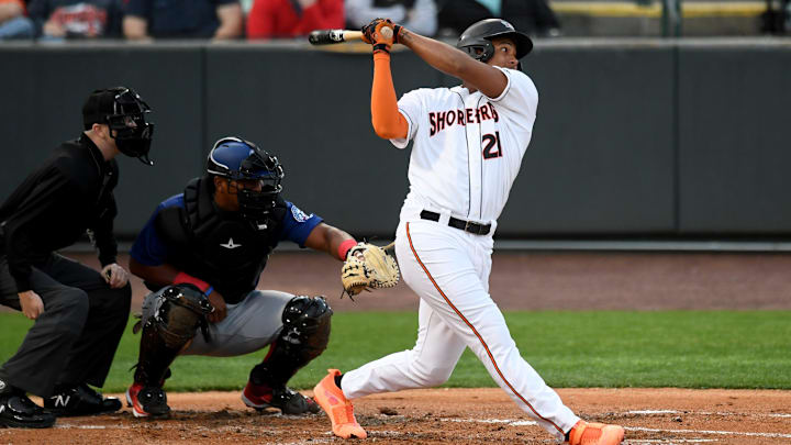 Shorebirds' Samuel Basallo (21) swings in the game against the Cannon Ballers Tuesday, April 11, 2023, at Perdue Stadium in Salisbury, Maryland. The Shorebirds defeated the Cannon Ballers 7-2.

Bbm Delmarva Shorebirds Kannapolis Cannon Ballers