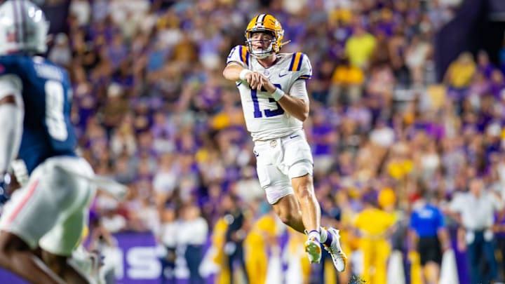 Tigers quarterback Garrett Nussmeier 13 throws a pass as the LSU Tigers take on the South Alabama Jaguars at Tiger Stadium in Baton Rouge, LA. Saturday, Sept. 28, 2024. Tigers quarterback Garrett Nussmeier 13 throws a pass as the LSU Tigers take on the South Alabama Jaguars at Tiger Stadium in Baton Rouge, LA. Saturday, Sept. 28, 2024.