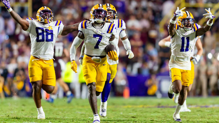 Harold Perkins Jr interception as LSU Tigers take on the Texas A&M Aggies. October 25, 2025; Baton Rouge, Louisiana, USA; at Tiger Stadium. Saturday, Oct. 25, 2025.
