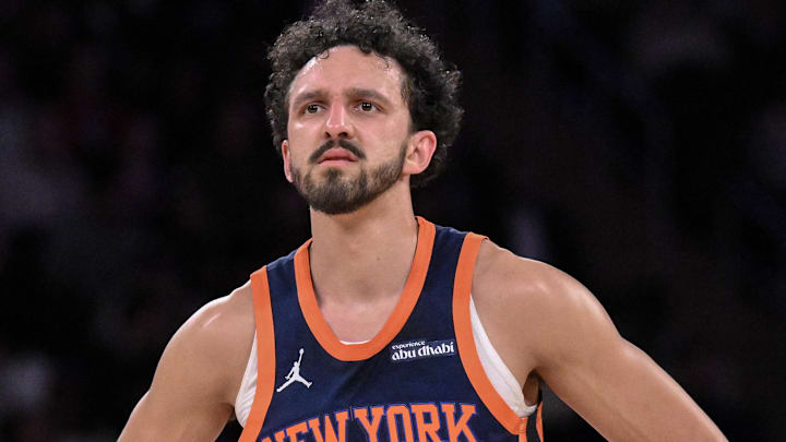 Apr 1, 2025; New York, New York, USA; New York Knicks guard Landry Shamet (44) during the first half against the Philadelphia 76ers at Madison Square Garden. Mandatory Credit: John Jones-Imagn Images