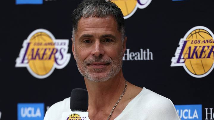 Sep 24, 2026; Los Angeles, CA, USA;  Los Angeles Lakers president of basketball operations and general manager Rob Pelinka speaks to the media during a press conference at UCLA Health Training Center. Mandatory Credit: Kiyoshi Mio-Imagn Images