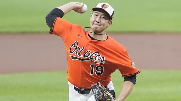 May 3, 2025; Baltimore, Maryland, USA; Baltimore Orioles pitcher Tomoyuki Sugano (19) delivers a pitch against the Kansas City Royals during the first inning at Oriole Park at Camden Yards.