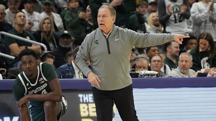 Jan 12, 2025; Evanston, Illinois, USA; Michigan State Spartans head coach Tom Izzo gestures to his team against the Northwestern Wildcats during the first half at Welsh-Ryan Arena. Mandatory Credit: David Banks-Imagn Images