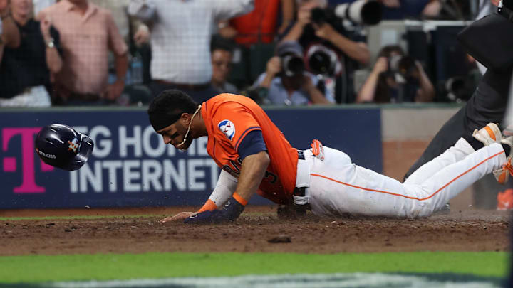 Oct 2, 2024; Houston, Texas, USA; Houston Astros shortstop Jeremy Pena (3) scores against the Detroit Tigers during the seventh inning of game two of the Wildcard round for the 2024 MLB Playoffs at Minute Maid Park