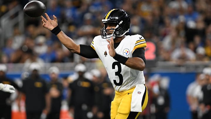 Aug 24, 2024; Detroit, Michigan, USA; Pittsburgh Steelers quarterback Russell Wilson (3) throws a pass against the Detroit Lions in the first quarter at Ford Field. Mandatory Credit: Lon Horwedel-Imagn Images Aug 24, 2024; Detroit, Michigan, USA; Pittsburgh Steelers quarterback Russell Wilson (3) throws a pass against the Detroit Lions in the first quarter at Ford Field. Mandatory Credit: Lon Horwedel-Imagn Images