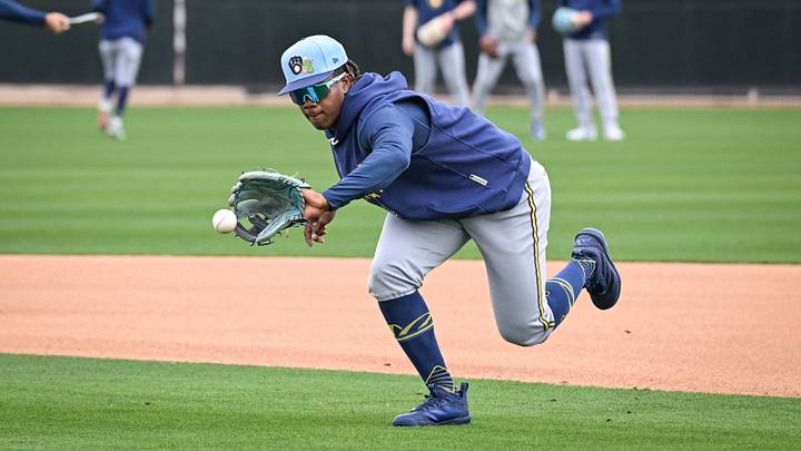 Milwaukee Brewers infielder Jesús Made fields a ground ball during spring training workouts Monday, February 16, 2026, at American Family Fields of Phoenix in Phoenix, Arizona. Milwaukee Brewers infielder Jesús Made fields a ground ball during spring training workouts Monday, February 16, 2026, at American Family Fields of Phoenix in Phoenix, Arizona.