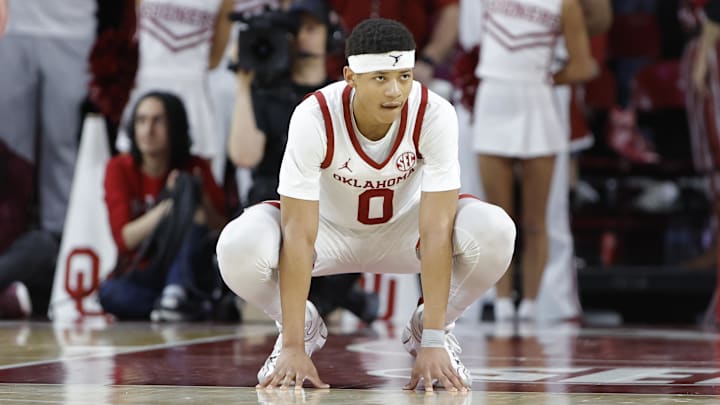 Feb 22, 2025; Norman, Oklahoma, USA; Oklahoma Sooners guard Jeremiah Fears (0) during a break in play against the Mississippi State Bulldogs during the second half at Lloyd Noble Center. Mandatory Credit: Alonzo Adams-Imagn Images