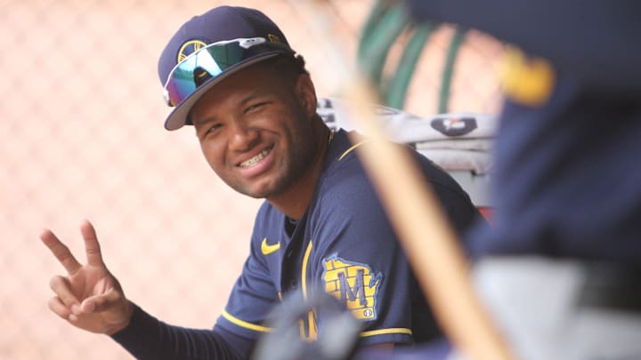 Milwaukee Brewers prospect Jackson Chourio smiles for a photo during minor league workouts at