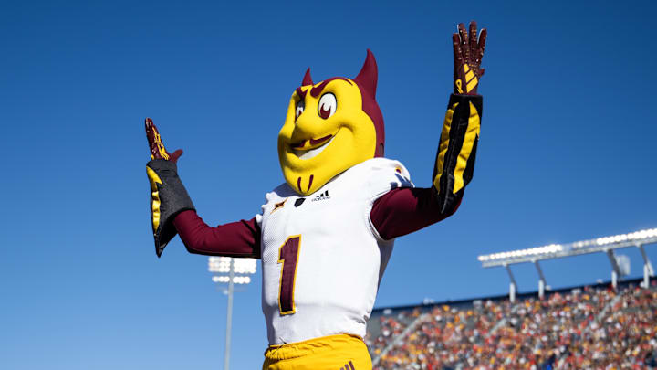 Nov 30, 2024; Tucson, Arizona, USA; Arizona State Sun Devils mascot Sparky during the Territorial Cup at Arizona Stadium. Mandatory Credit: Mark J. Rebilas-Imagn Images