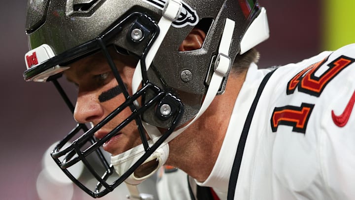 Jan 16, 2023; Tampa, Florida, USA; Tampa Bay Buccaneers quarterback Tom Brady (12) warms up before a