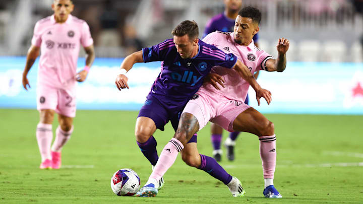 Inter Miami's Gregore, playing in his first match since March, tries to dispossess Charlotte's Brandt Bronico.
