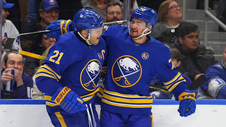 Dec 21, 2023; Buffalo, New York, USA;  Buffalo Sabres right wing Kyle Okposo (21) celebrates his