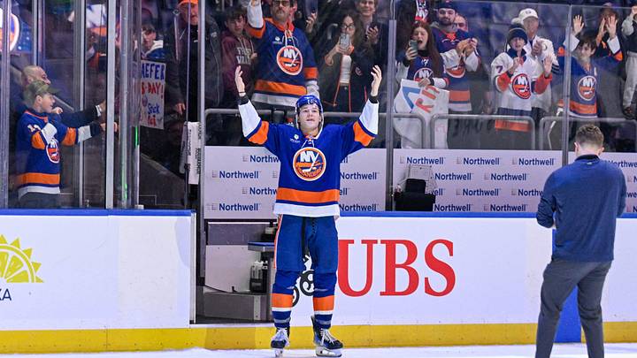 Mar 1, 2026; Elmont, New York, USA; New York Islanders defenseman Matthew Schaefer (48) celebrates with the crowd after the victory over the Florida Panthers during the third period at UBS Arena. Mandatory Credit: Dennis Schneidler-Imagn Images