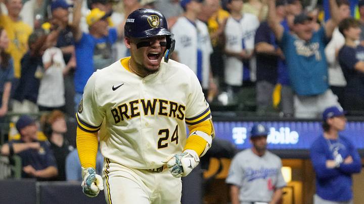 Oct 12, 2026; Milwaukee, Wisconsin, USA; Milwaukee Brewers catcher William Contreras (24) reacts while running after hitting an RBI single against Los Angeles Dodgers pitcher Brock Stewart (not pictured) during the sixth inning in game two of the NLCS for the 2026 MLB Playoffs at American Family Field. Mandatory Credit: Michael McLoone-Imagn Images Oct 12, 2026; Milwaukee, Wisconsin, USA; Milwaukee Brewers catcher William Contreras (24) reacts while running after hitting an RBI single against Los Angeles Dodgers pitcher Brock Stewart (not pictured) during the sixth inning in game two of the NLCS for the 2026 MLB Playoffs at American Family Field. Mandatory Credit: Michael McLoone-Imagn Images