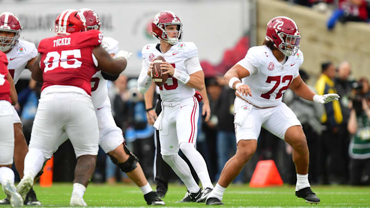 Jan 1, 2026; Pasadena, CA, USA; Alabama Crimson Tide quarterback Ty Simpson (15) looks to pass against the Indiana Hoosiers in the first half of the 2026 Rose Bowl and quarterfinal game of the College Football Playoff at Rose Bowl Stadium. Mandatory Credit: Gary A. Vasquez-Imagn Images