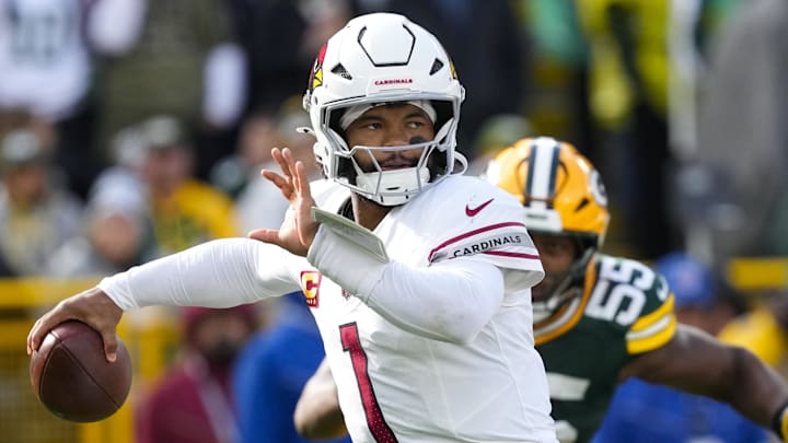 Oct 13, 2024; Green Bay, Wisconsin, USA;  Arizona Cardinals quarterback Kyler Murray (1) throws a pass during the fourth quarter against the Green Bay Packers at Lambeau Field. Mandatory Credit: Jeff Hanisch-Imagn Images