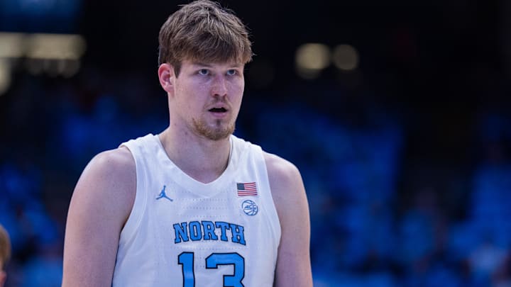 Nov 11, 2025; Chapel Hill, North Carolina, USA; North Carolina Tar Heels center Henri Veesaar (13) sets up for a free throw against the Radford Highlanders in the second half at Dean E. Smith Center. Mandatory Credit: Scott Kinser-Imagn Images