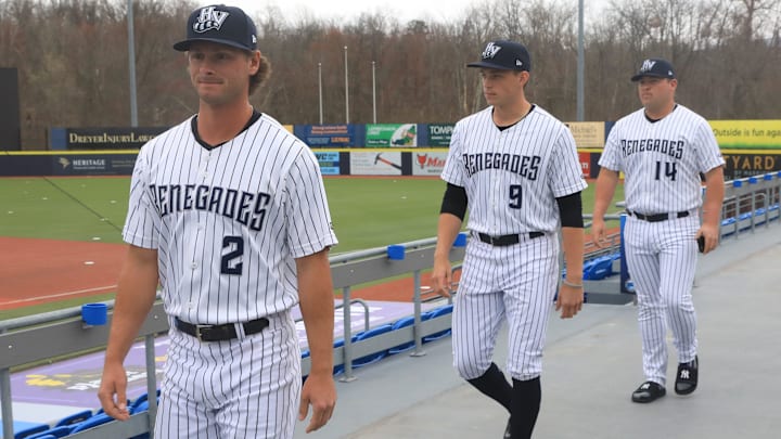 Hudson Valley Renegades players, from left, Ben Cowles, Ben Rice and Spencer Henson arrive for media day on April 5, 2023.

Renegades Media Day