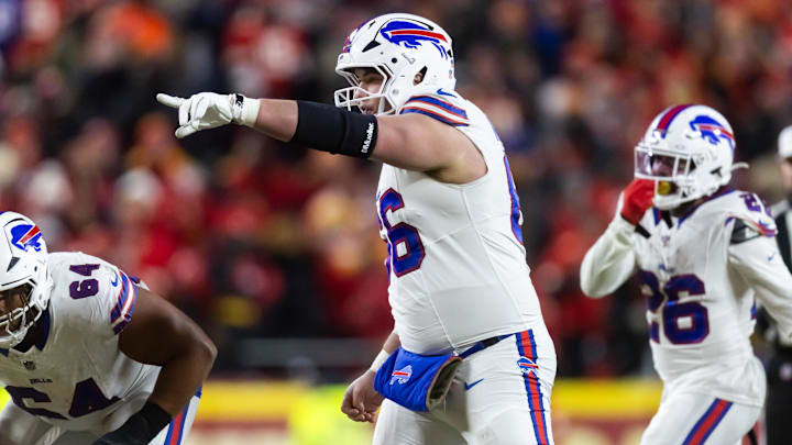 Jan 26, 2025; Kansas City, MO, USA; Buffalo Bills guard Connor McGovern (66) against the Kansas City Chiefs during the AFC Championship game.