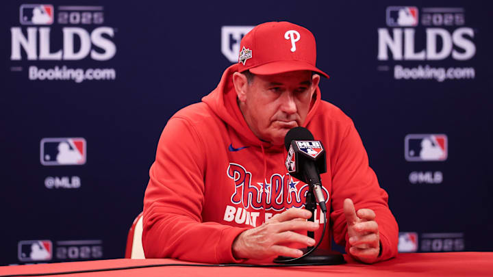 Oct 4, 2025; Philadelphia, Pennsylvania, USA; Philadelphia Phillies manager Rob Thomson speaks with the media before game one of the NLDS round of the 2025 MLB playoffs against the Los Angeles Dodgers at Citizens Bank Park.