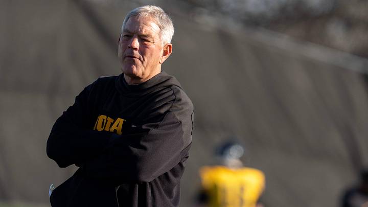 Iowa head coach Kirk Ferentz watches the football team during practice April 9, 2026 in Iowa City, Iowa.